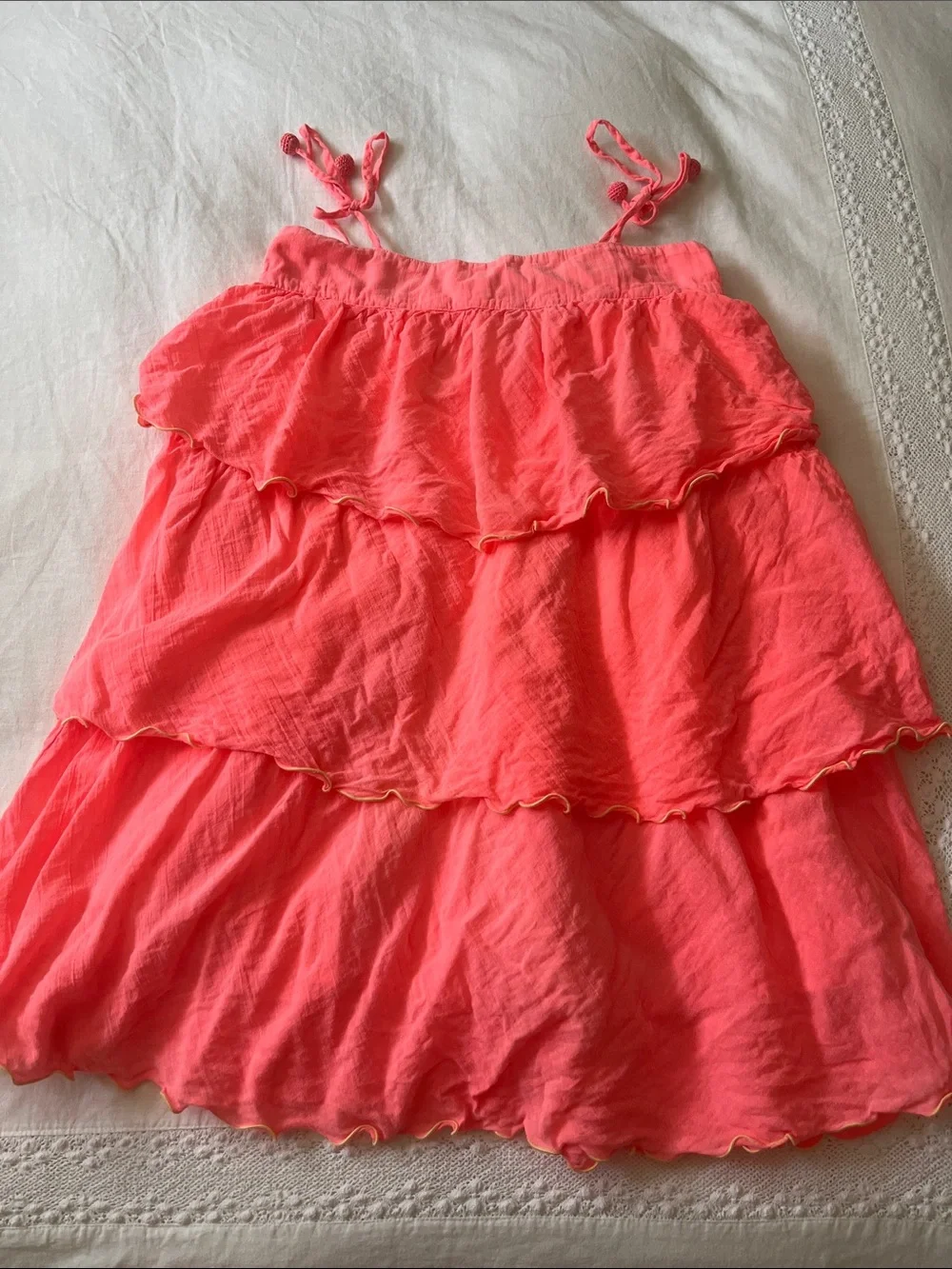 Sunuva Neon Orange Tiered Cotton Dress with Adjustable Shoulder Ties, Size 13-14